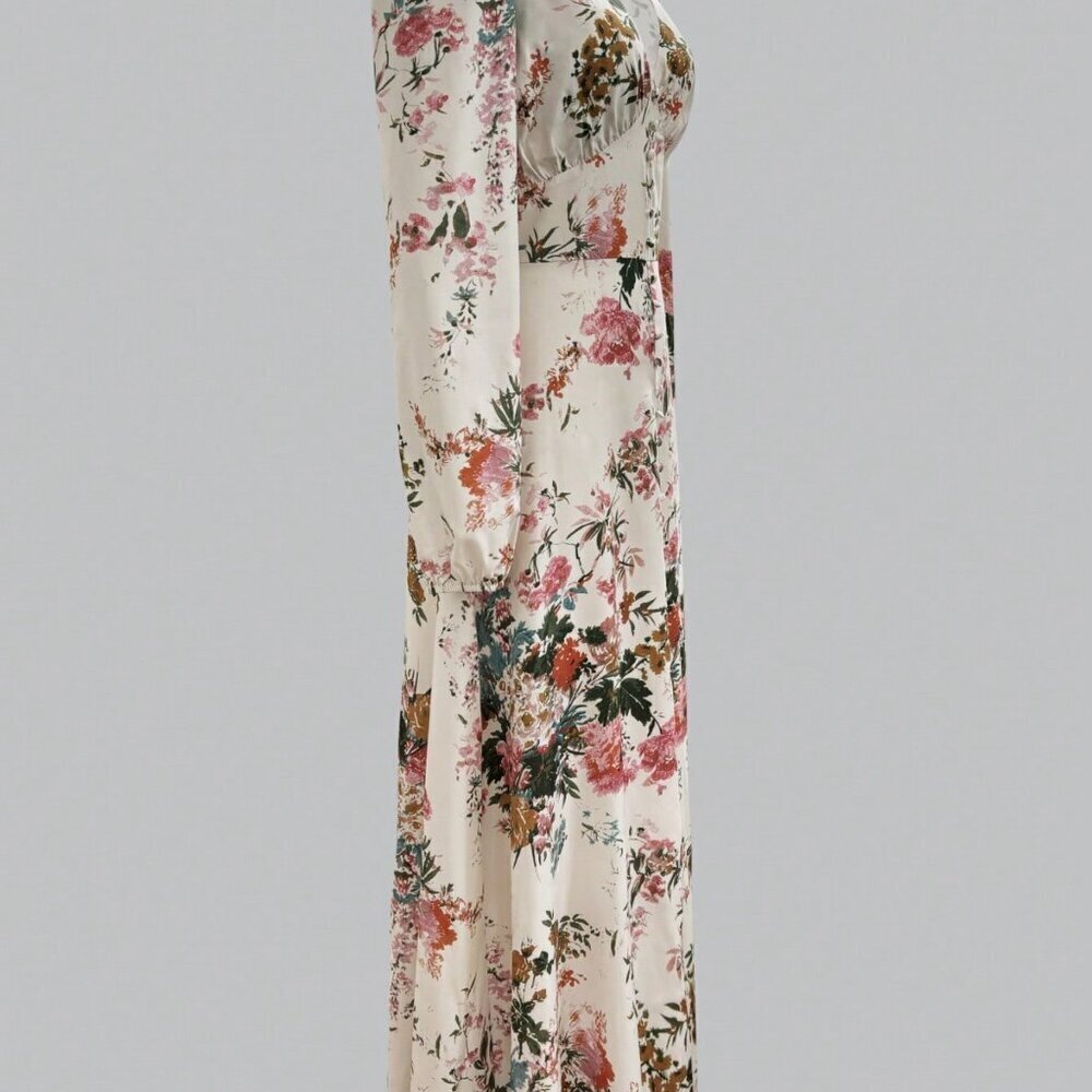 Multicolor Boho Women's Casual Elegant V-Neck Long Sleeve Floral Print Dress - Picture 6 of 8